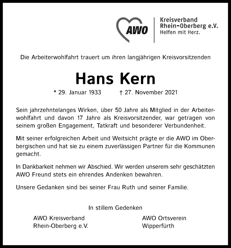  Traueranzeige für Hans Kern vom 04.12.2021 aus Kölner Stadt-Anzeiger / Kölnische Rundschau / Express