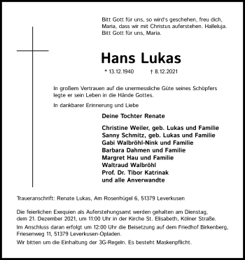 Anzeige von Hans Lukas von Kölner Stadt-Anzeiger / Kölnische Rundschau / Express