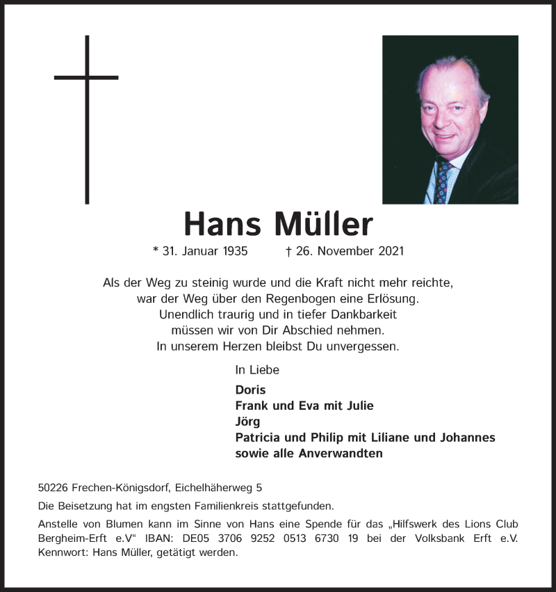  Traueranzeige für Hans Müller vom 18.12.2021 aus Kölner Stadt-Anzeiger / Kölnische Rundschau / Express