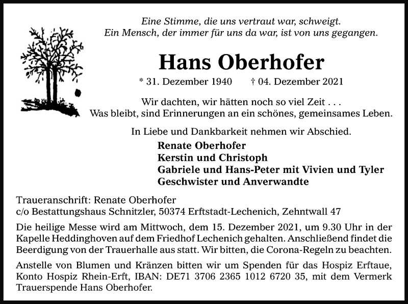  Traueranzeige für Hans Oberhofer vom 11.12.2021 aus Kölner Stadt-Anzeiger / Kölnische Rundschau / Express