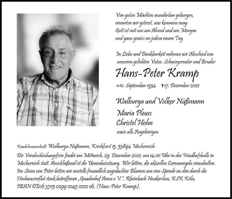  Traueranzeige für Hans-Peter Kramp vom 27.12.2021 aus  Blickpunkt Euskirchen 