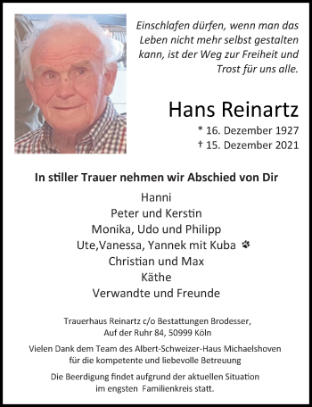 Anzeige von Hans Reinartz von  Kölner Wochenspiegel 