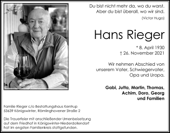Anzeige von Hans Rieger von Kölner Stadt-Anzeiger / Kölnische Rundschau / Express
