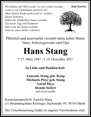 Anzeige von Hans Stang von Kölner Stadt-Anzeiger / Kölnische Rundschau / Express