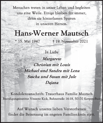 Anzeige von Hans-Werner Mautsch von  Werbepost 