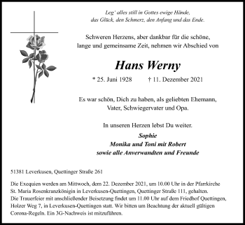 Anzeige von Hans Werny von Kölner Stadt-Anzeiger / Kölnische Rundschau / Express