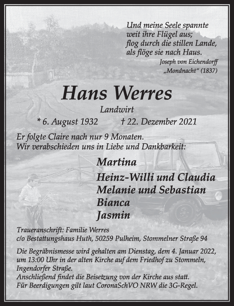  Traueranzeige für Hans Werres vom 01.01.2022 aus  Wochenende 
