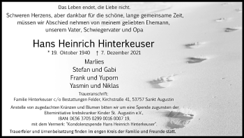 Anzeige von Hans Heinrich Hinterkeuser von Kölner Stadt-Anzeiger / Kölnische Rundschau / Express