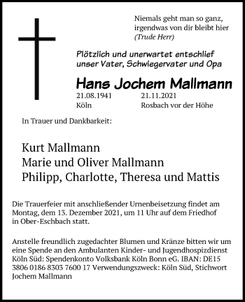 Anzeige von Hans Jochem Mallmann von Kölner Stadt-Anzeiger / Kölnische Rundschau / Express