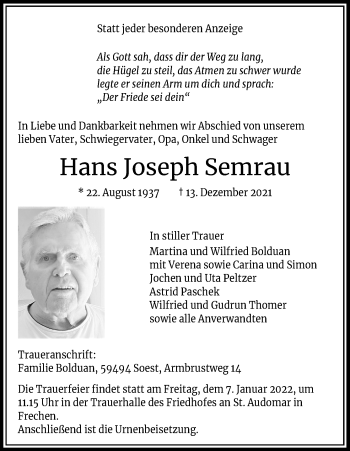 Anzeige von Hans Joseph Semrau von Kölner Stadt-Anzeiger / Kölnische Rundschau / Express