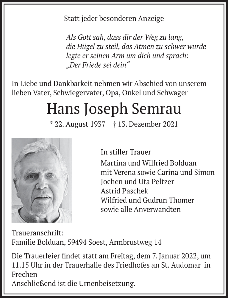  Traueranzeige für Hans Joseph Semrau vom 27.12.2021 aus  Wochenende 