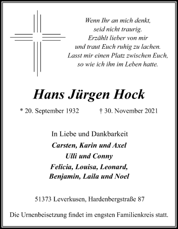 Anzeige von Hans Jürgen Hock von Kölner Stadt-Anzeiger / Kölnische Rundschau / Express