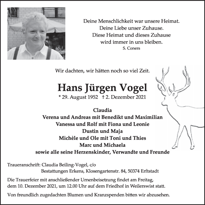  Traueranzeige für Hans Jürgen Vogel vom 10.12.2021 aus  Werbepost 