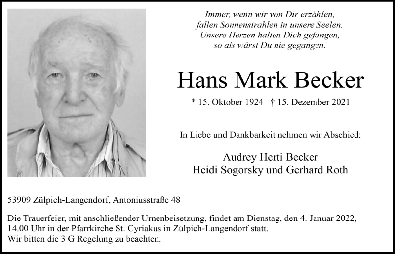  Traueranzeige für Hans Mark Becker vom 27.12.2021 aus  Blickpunkt Euskirchen 
