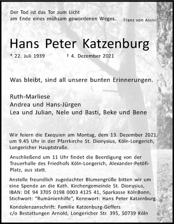 Anzeige von Hans Peter Katzenburg von Kölner Stadt-Anzeiger / Kölnische Rundschau / Express