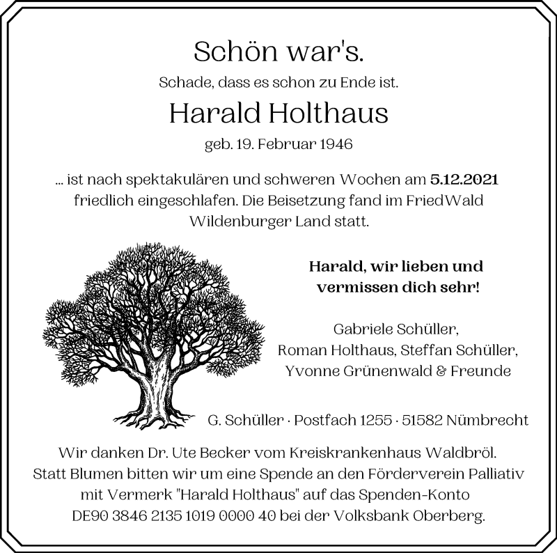  Traueranzeige für Harald Holthaus vom 24.12.2021 aus Kölner Stadt-Anzeiger / Kölnische Rundschau / Express