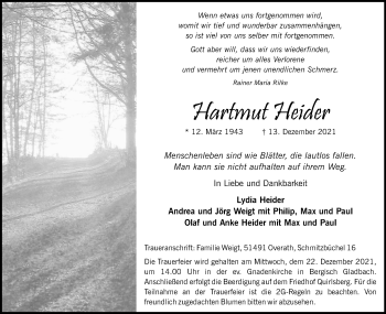 Anzeige von Hartmut Heider von Kölner Stadt-Anzeiger / Kölnische Rundschau / Express