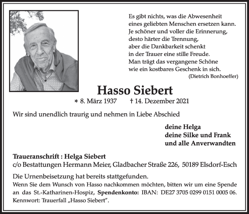  Traueranzeige für Hasso Siebert vom 27.12.2021 aus  Werbepost 