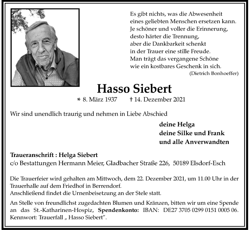  Traueranzeige für Hasso Siebert vom 20.12.2021 aus Kölner Stadt-Anzeiger / Kölnische Rundschau / Express