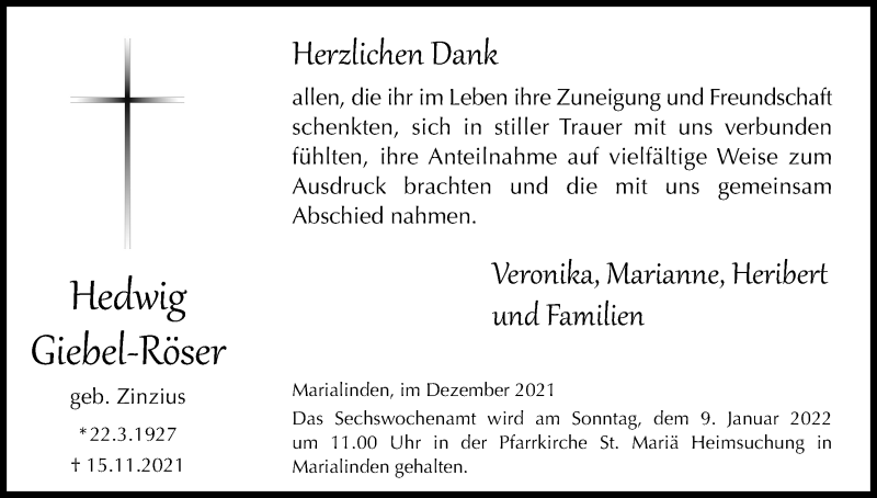  Traueranzeige für Hedwig Giebel-Röser vom 31.12.2021 aus Kölner Stadt-Anzeiger / Kölnische Rundschau / Express