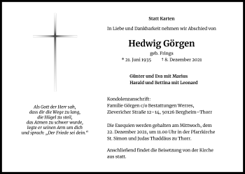 Anzeige von Hedwig Görgen von Kölner Stadt-Anzeiger / Kölnische Rundschau / Express