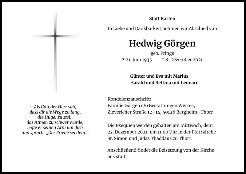  Traueranzeige für Hedwig Görgen vom 17.12.2021 aus Kölner Stadt-Anzeiger / Kölnische Rundschau / Express