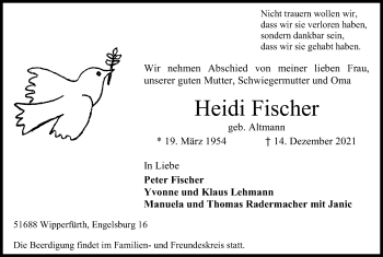 Anzeige von Heidi Fischer von Kölner Stadt-Anzeiger / Kölnische Rundschau / Express