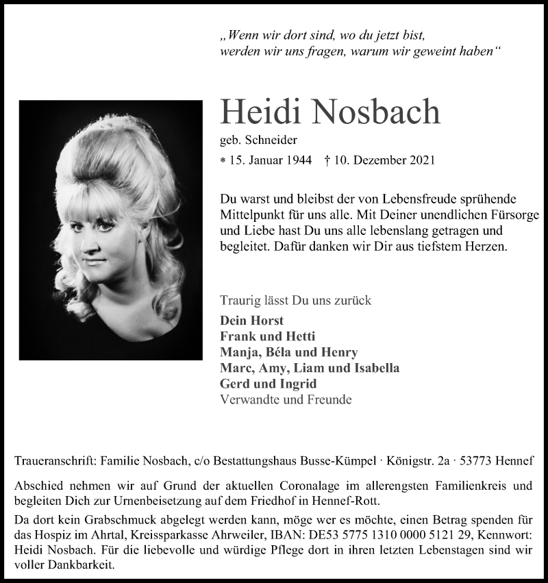  Traueranzeige für Heidi Nosbach vom 24.12.2021 aus Kölner Stadt-Anzeiger / Kölnische Rundschau / Express