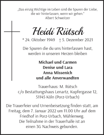 Anzeige von Heidi Rütsch von  Kölner Wochenspiegel 