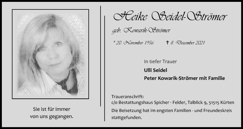  Traueranzeige für Heike Seidel-Strömer vom 15.12.2021 aus Kölner Stadt-Anzeiger / Kölnische Rundschau / Express