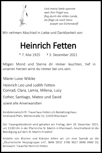 Anzeige von Heinrich Fetten von Kölner Stadt-Anzeiger / Kölnische Rundschau / Express