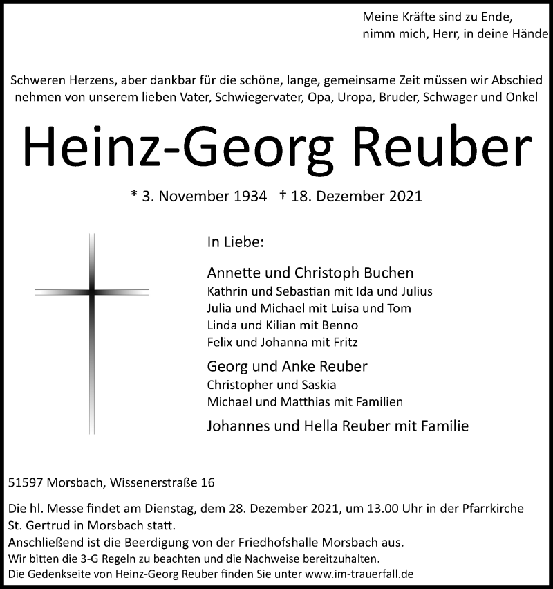  Traueranzeige für Heinz-Georg Reuber vom 21.12.2021 aus Kölner Stadt-Anzeiger / Kölnische Rundschau / Express