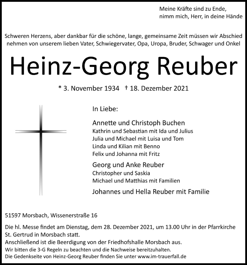  Traueranzeige für Heinz-Georg Reuber vom 27.12.2021 aus  Lokalanzeiger 