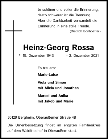 Anzeige von Heinz-Georg Rossa von Kölner Stadt-Anzeiger / Kölnische Rundschau / Express