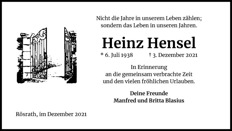  Traueranzeige für Heinz Hensel vom 11.12.2021 aus Kölner Stadt-Anzeiger / Kölnische Rundschau / Express