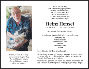 Anzeige von Heinz Hensel von Kölner Stadt-Anzeiger / Kölnische Rundschau / Express