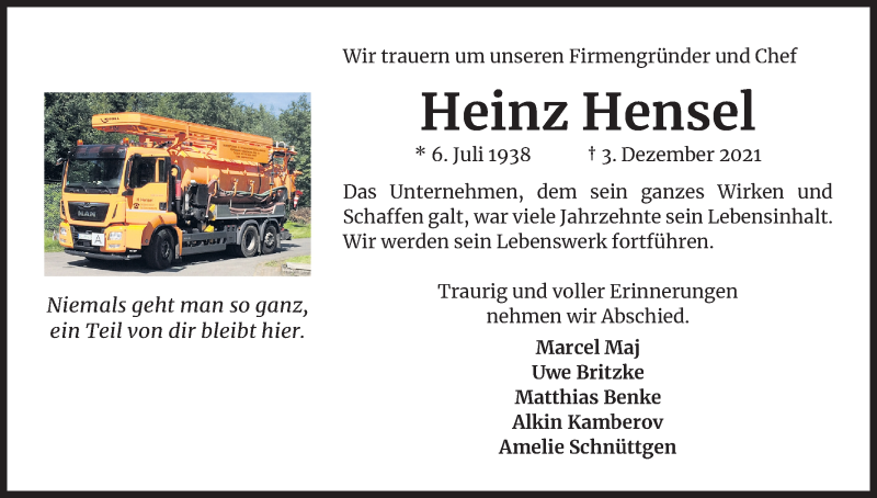  Traueranzeige für Heinz Hensel vom 11.12.2021 aus Kölner Stadt-Anzeiger / Kölnische Rundschau / Express