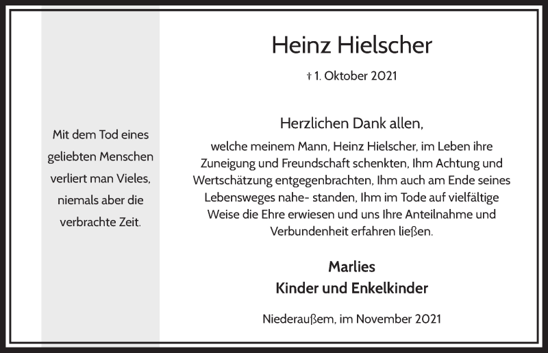  Traueranzeige für Heinz Hielscher vom 03.12.2021 aus  Werbepost 