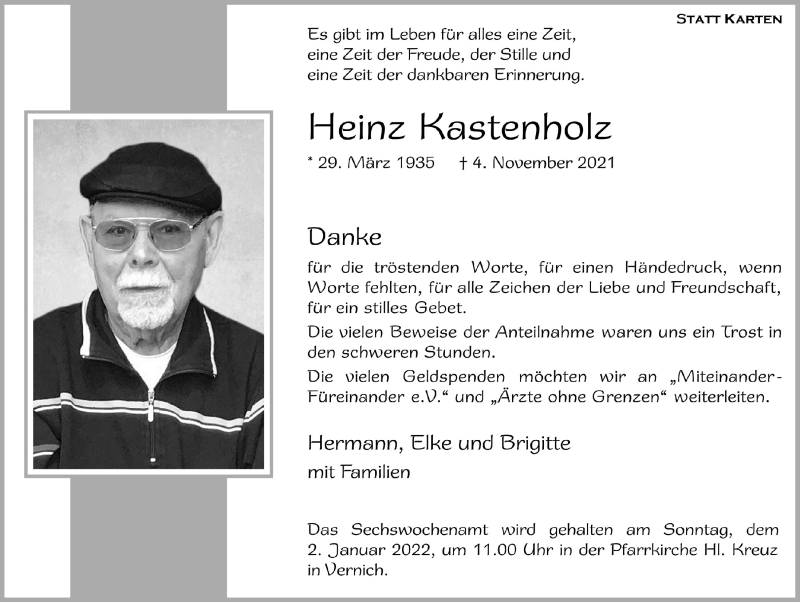  Traueranzeige für Heinz Kastenholz vom 27.12.2021 aus  Blickpunkt Euskirchen 