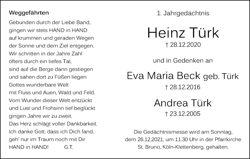  Traueranzeige für Heinz Türk vom 22.12.2021 aus Kölner Stadt-Anzeiger / Kölnische Rundschau / Express