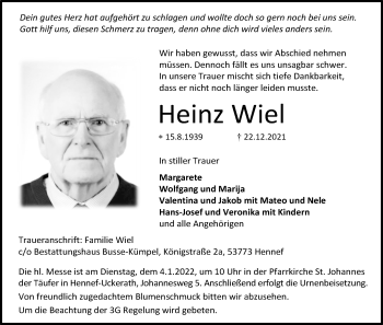 Anzeige von Heinz Wiel von Kölner Stadt-Anzeiger / Kölnische Rundschau / Express
