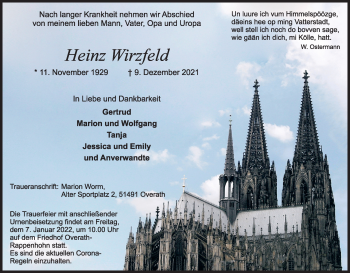 Anzeige von Heinz Wirzfeld von Kölner Stadt-Anzeiger / Kölnische Rundschau / Express