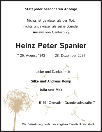 Anzeige von Heinz Peter Spanier von Kölner Stadt-Anzeiger / Kölnische Rundschau / Express