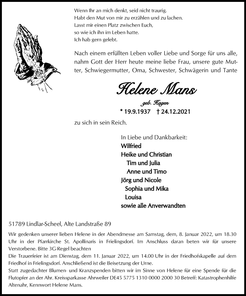  Traueranzeige für Helene Mans vom 31.12.2021 aus Kölner Stadt-Anzeiger / Kölnische Rundschau / Express
