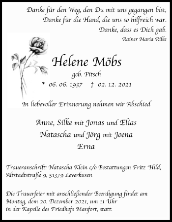 Anzeige von Helene Möbs von Kölner Stadt-Anzeiger / Kölnische Rundschau / Express