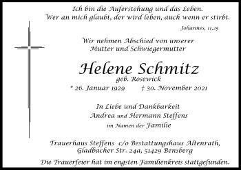 Anzeige von Helene Schmitz von Kölner Stadt-Anzeiger / Kölnische Rundschau / Express