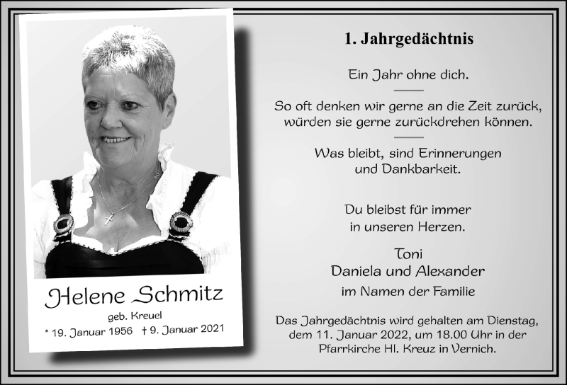 Traueranzeige für Helene Schmitz vom 01.01.2022 aus  Blickpunkt Euskirchen 