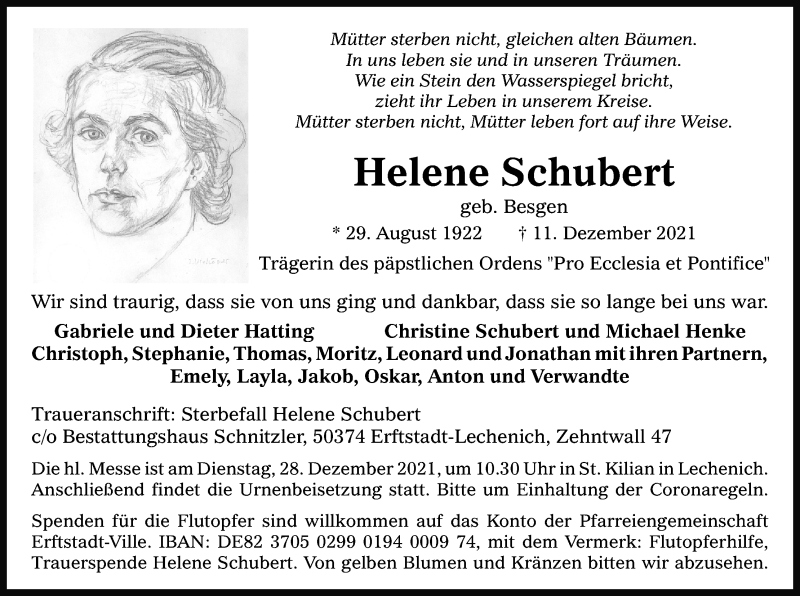  Traueranzeige für Helene Schubert vom 18.12.2021 aus Kölner Stadt-Anzeiger / Kölnische Rundschau / Express