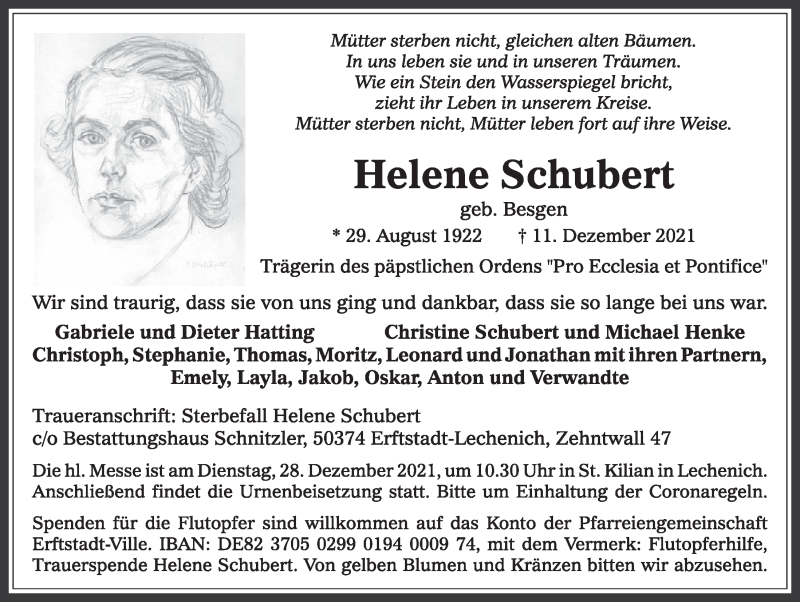  Traueranzeige für Helene Schubert vom 17.12.2021 aus  Werbepost 