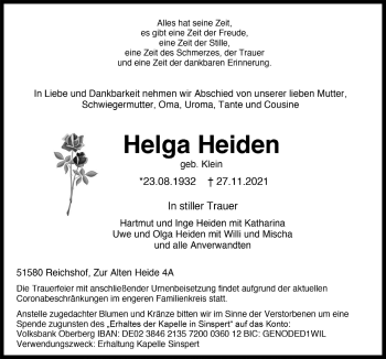Anzeige von Helga Heiden von  Anzeigen Echo 